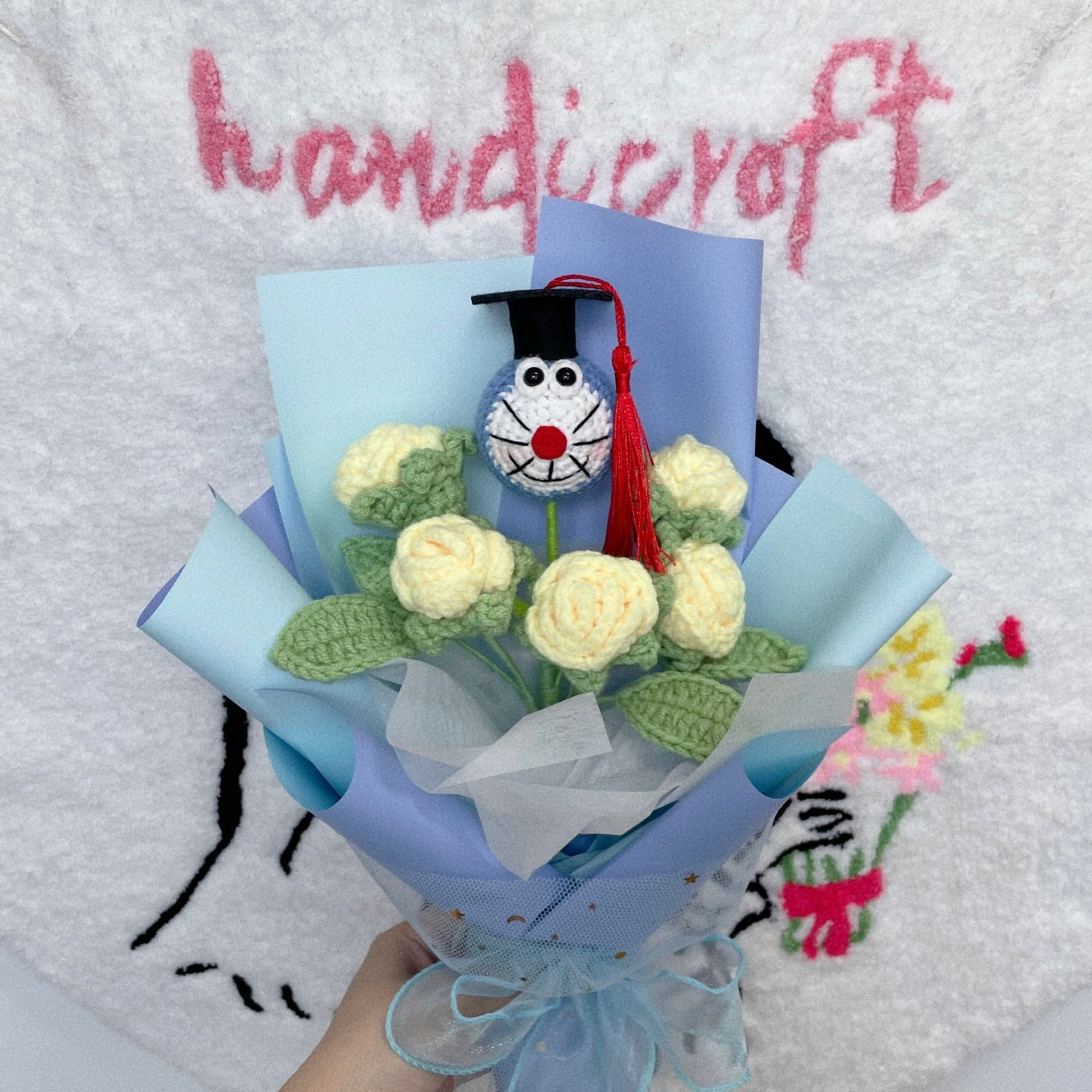handicroft graduation flower bouquet grad & bloom doraemon character with yellow flowers wrapped