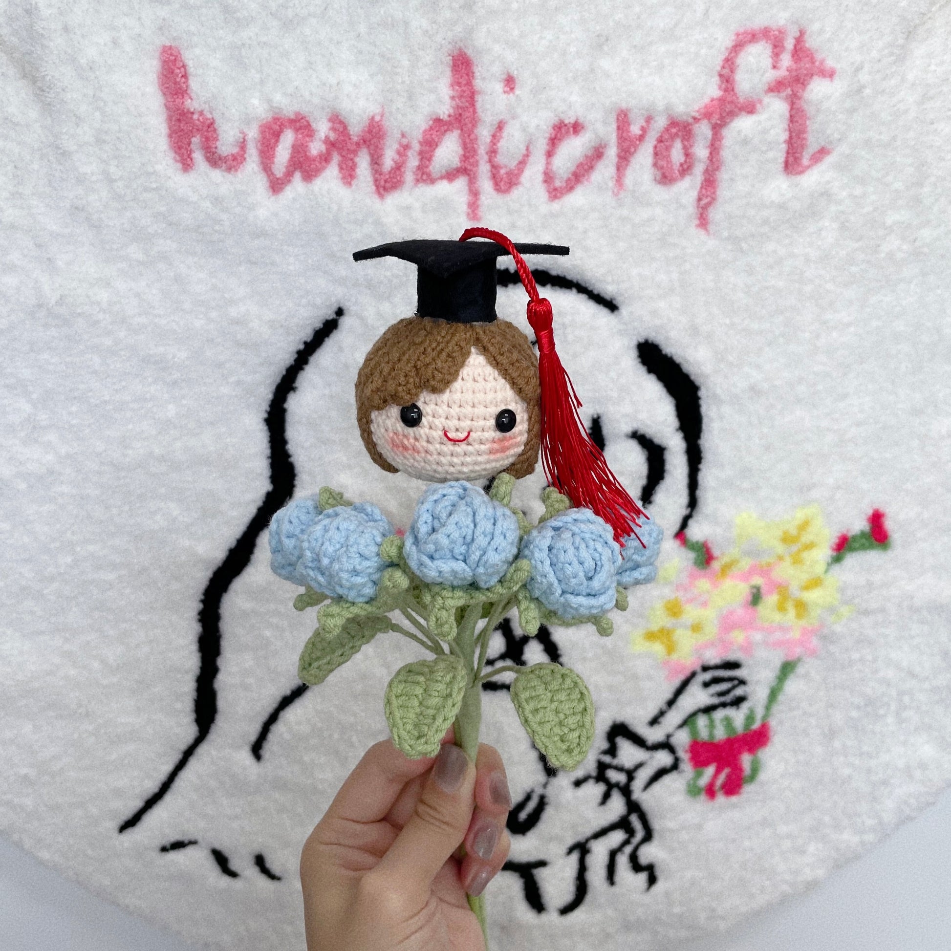 handicroft graduation flower bouquet grad & bloom girl with blue flowers