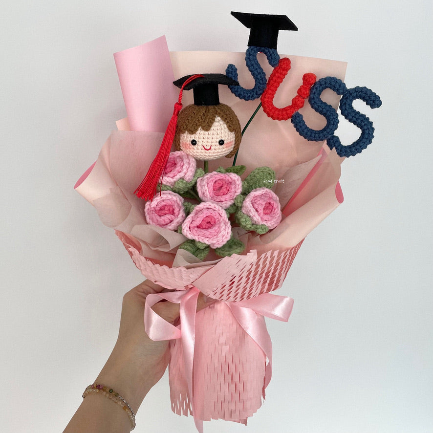 handicroft graduation flower bouquet grad & bloom girl with ombre pink flowers wrapped + SUSS