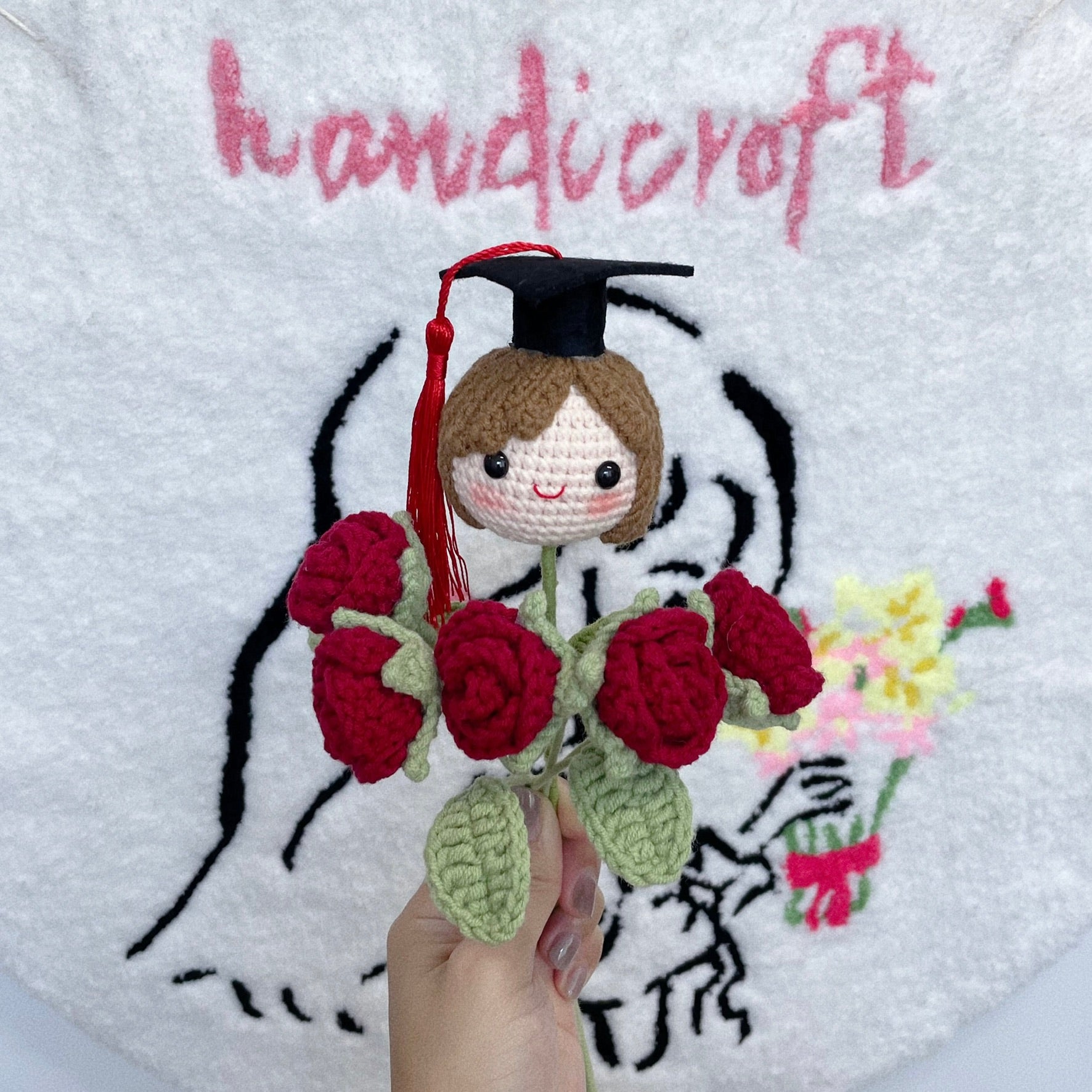 handicroft graduation flower bouquet grad & bloom girl with red flowers
