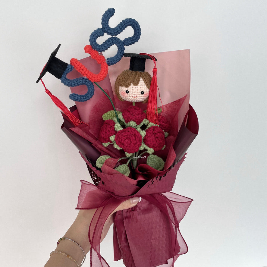 handicroft graduation flower bouquet grad & bloom girl with wine red flowers wrapped + SUSS
