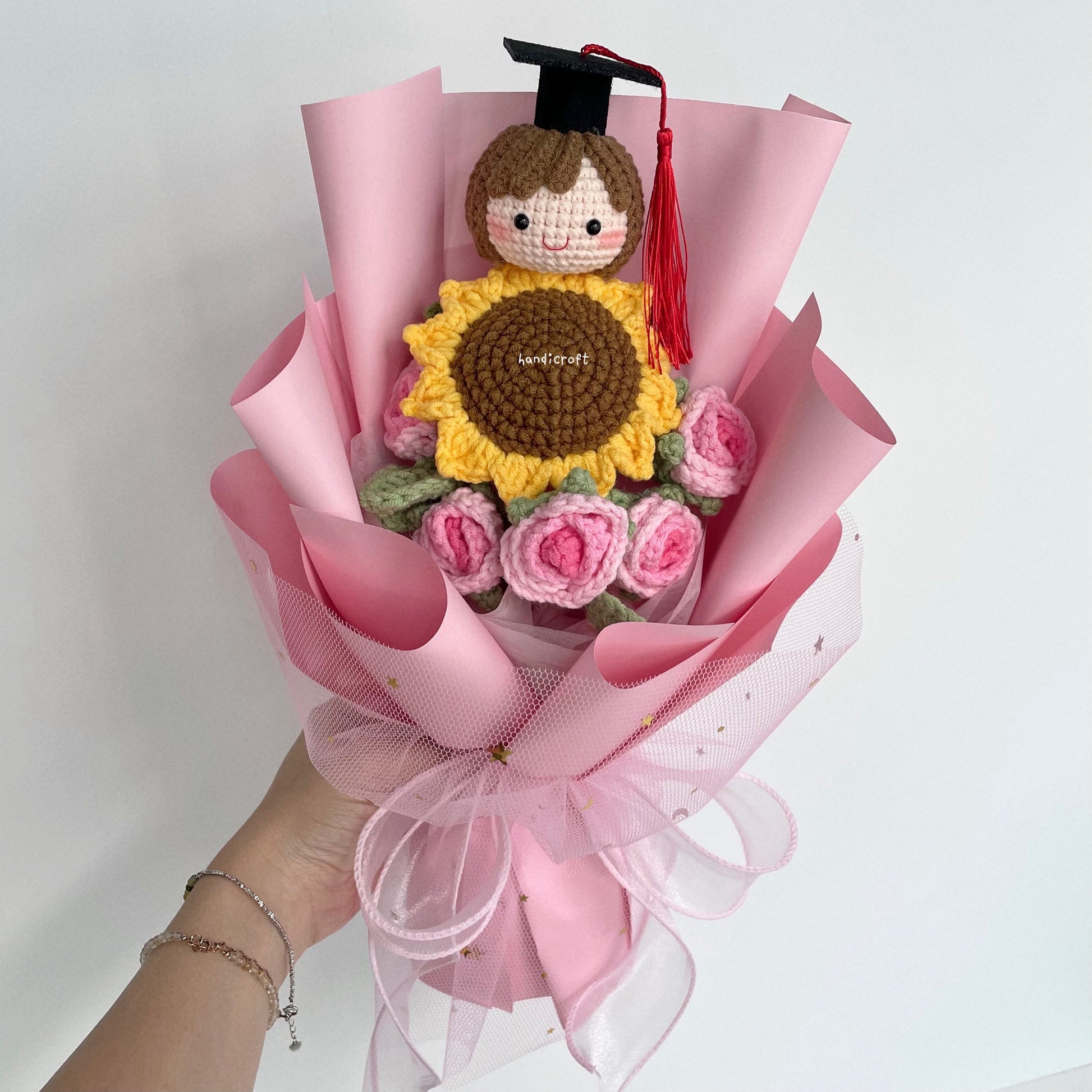 handicroft graduation flower bouquet grad & bloom ombre pink with sunflower