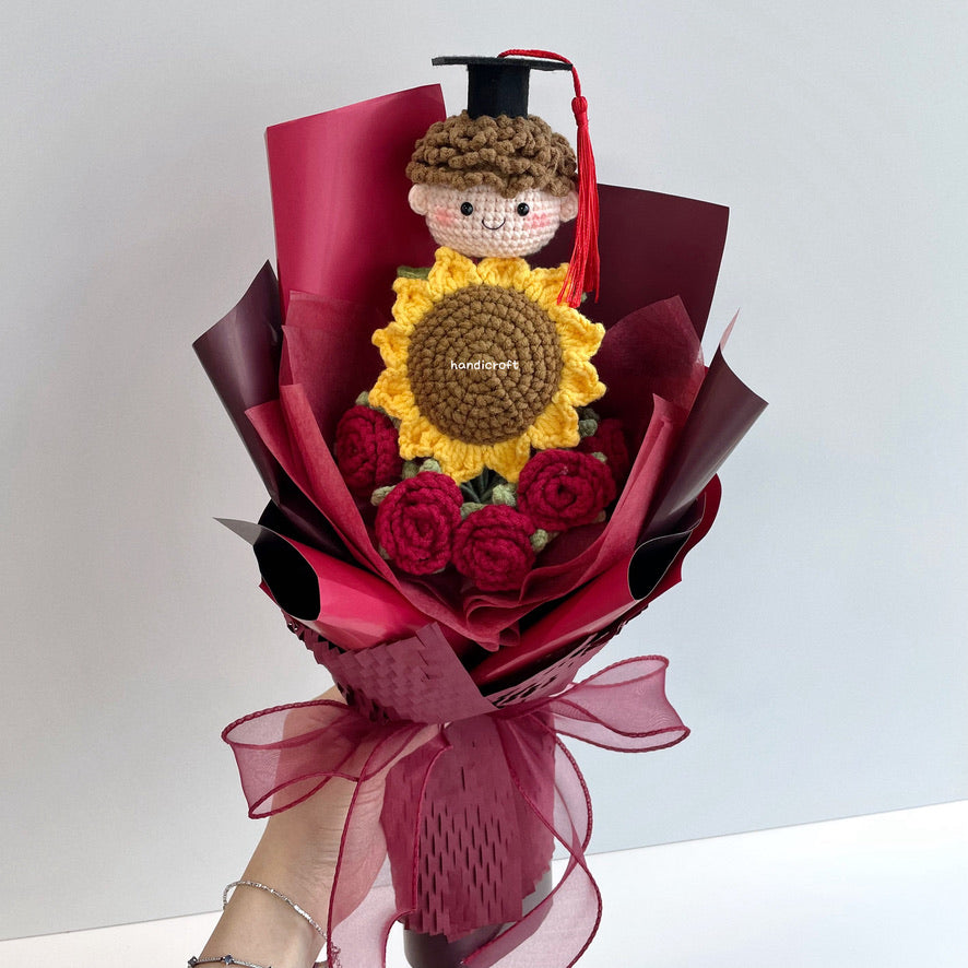 handicroft graduation flower bouquet grad & bloom wine red with sunflower