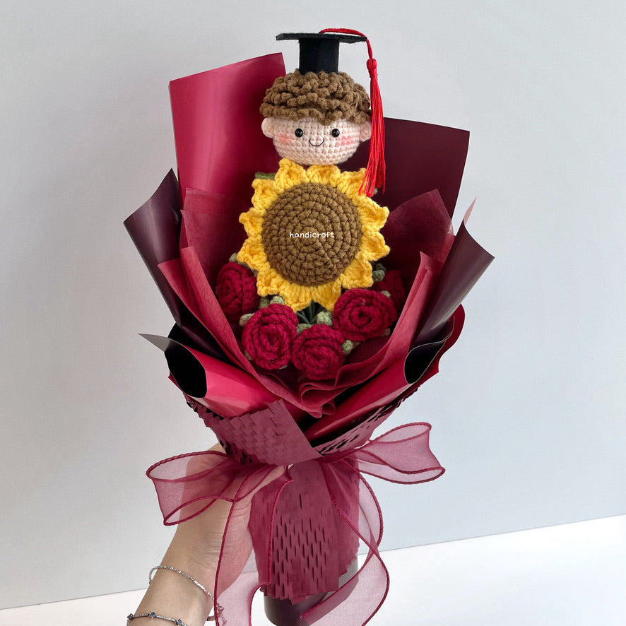 handicroft graduation flower bouquet grad & bloom wine red with sunflower