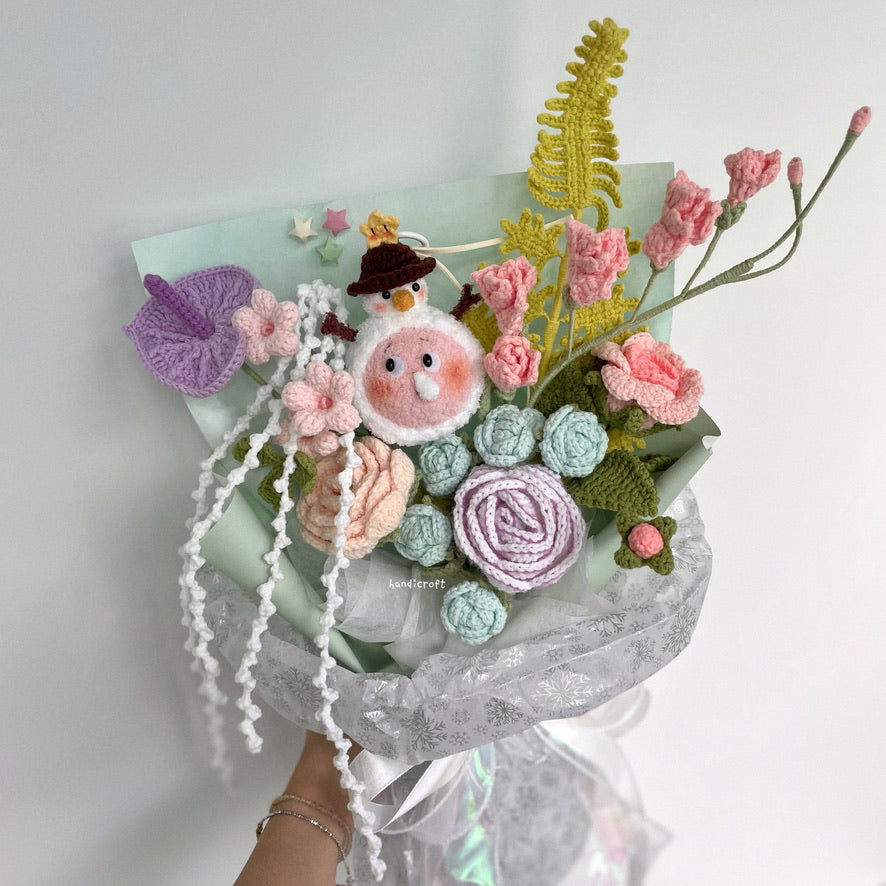 handicroft handmade crochet Pop Mart Twinkle Twinkle Snowman Friend The Gifts from Stars character pastel flower bouquet twinkle's winter wonderland