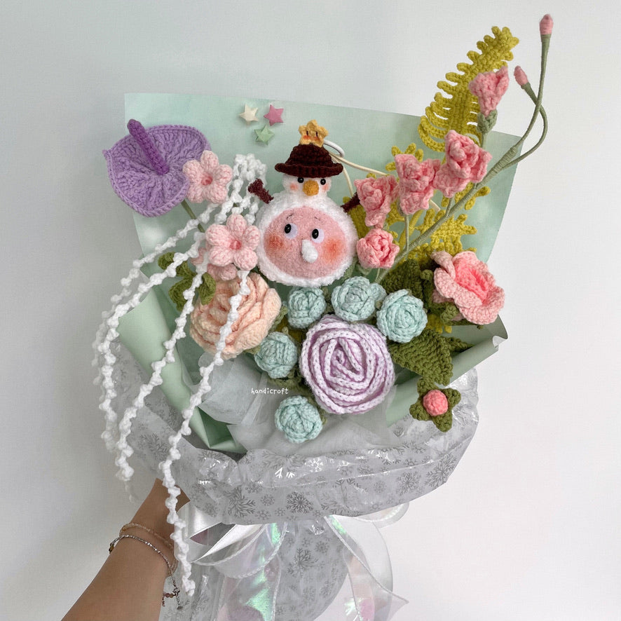 handicroft handmade crochet Pop Mart Twinkle Twinkle Snowman Friend The Gifts from Stars character pastel flower bouquet twinkle's winter wonderland