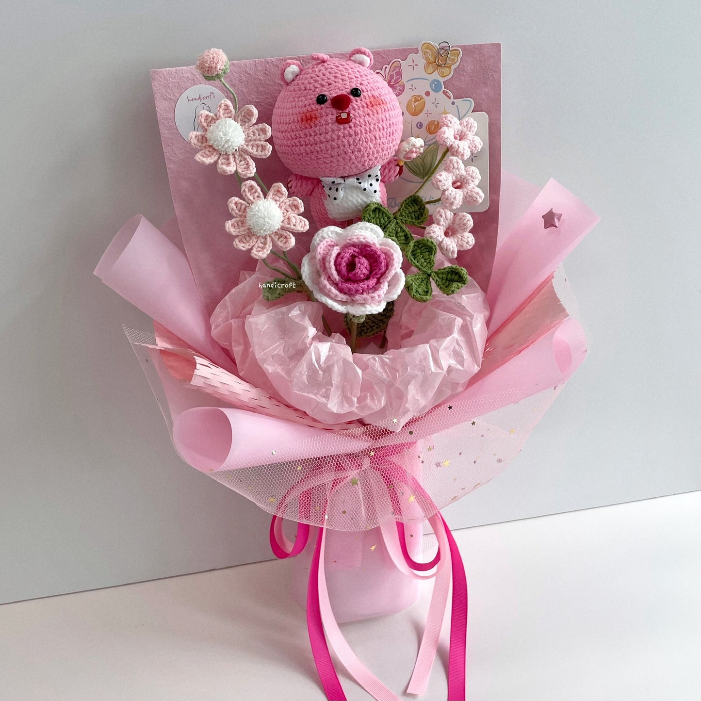 handicroft handmade crochet Pororo the Little Penguin loopy character flower bouquet loopy's big love pink