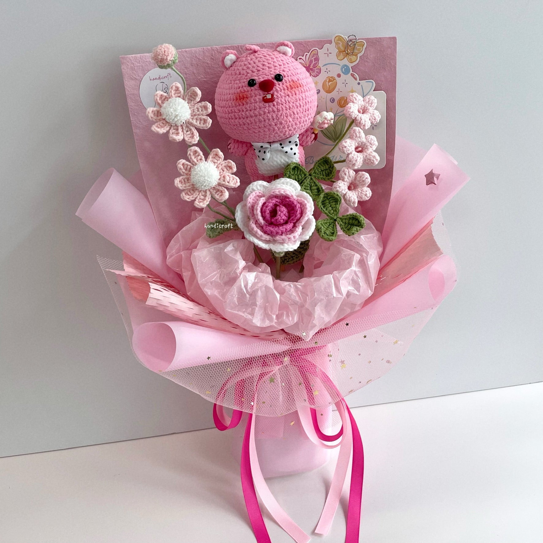 handicroft handmade crochet Pororo the Little Penguin loopy character flower bouquet loopy's big love pink