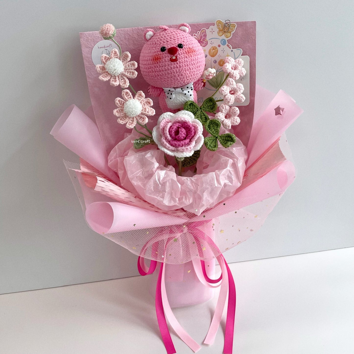 handicroft handmade crochet Pororo the Little Penguin loopy character flower bouquet loopy's big love pink