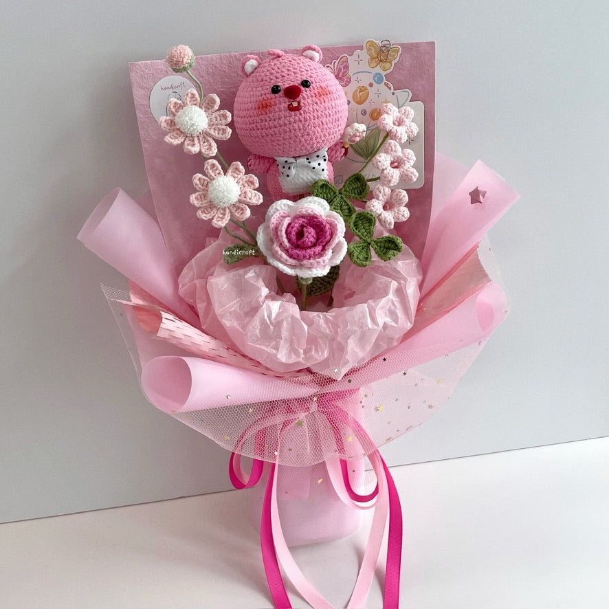 handicroft handmade crochet Pororo the Little Penguin loopy character flower bouquet loopy's big love pink