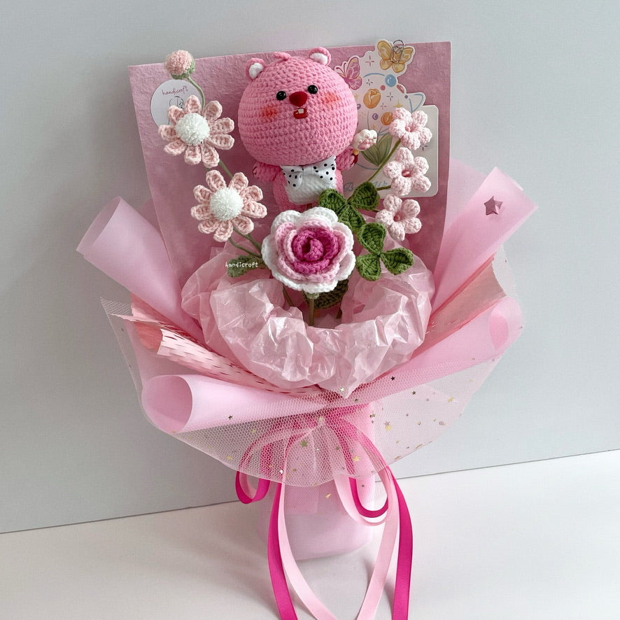 handicroft handmade crochet Pororo the Little Penguin loopy character flower bouquet loopy's big love pink