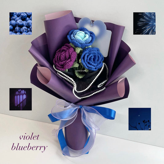 handicroft handmade crochet affordable dark purple & blue roses flower bouquet violet blueberry