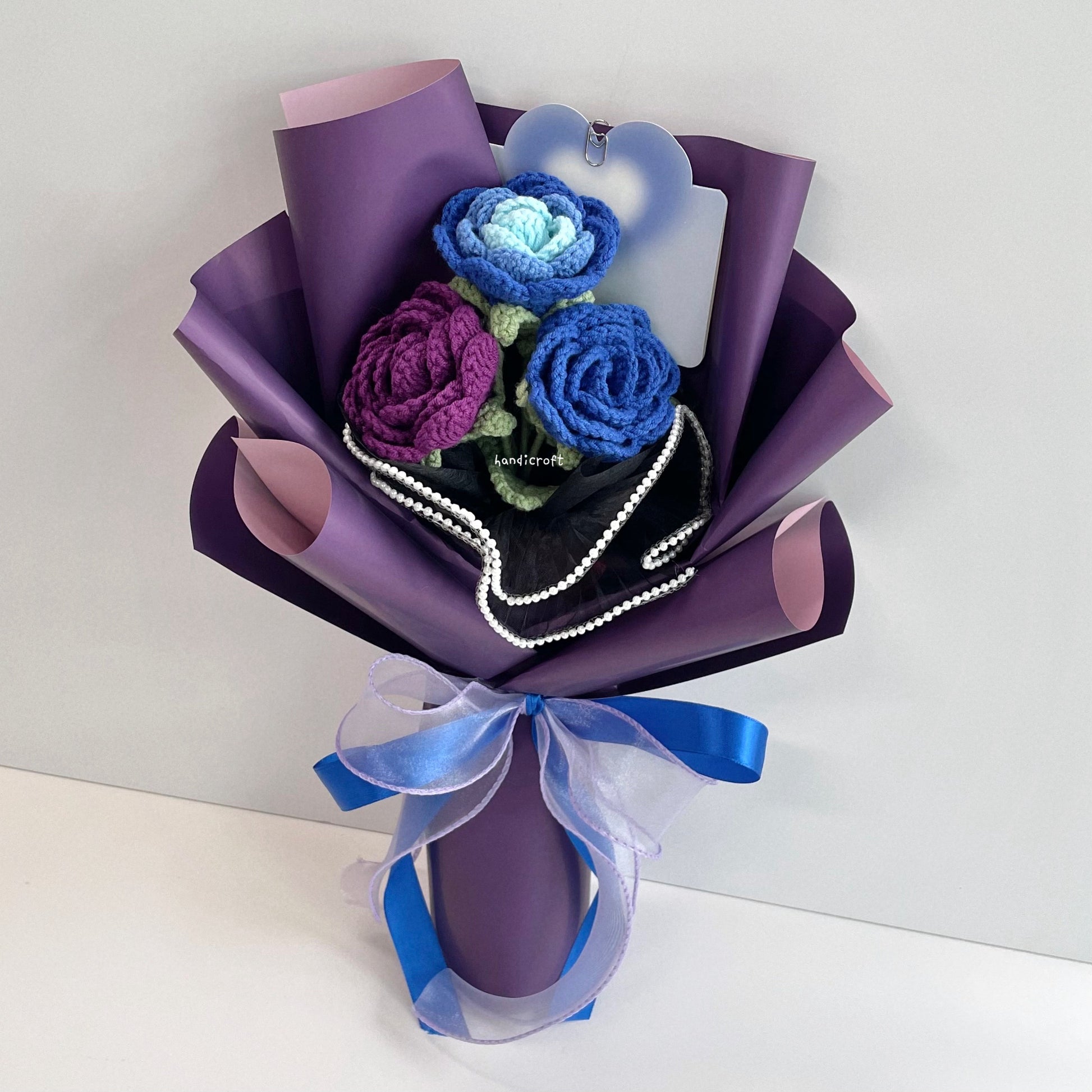 handicroft handmade crochet affordable dark purple & blue roses flower bouquet violet blueberry