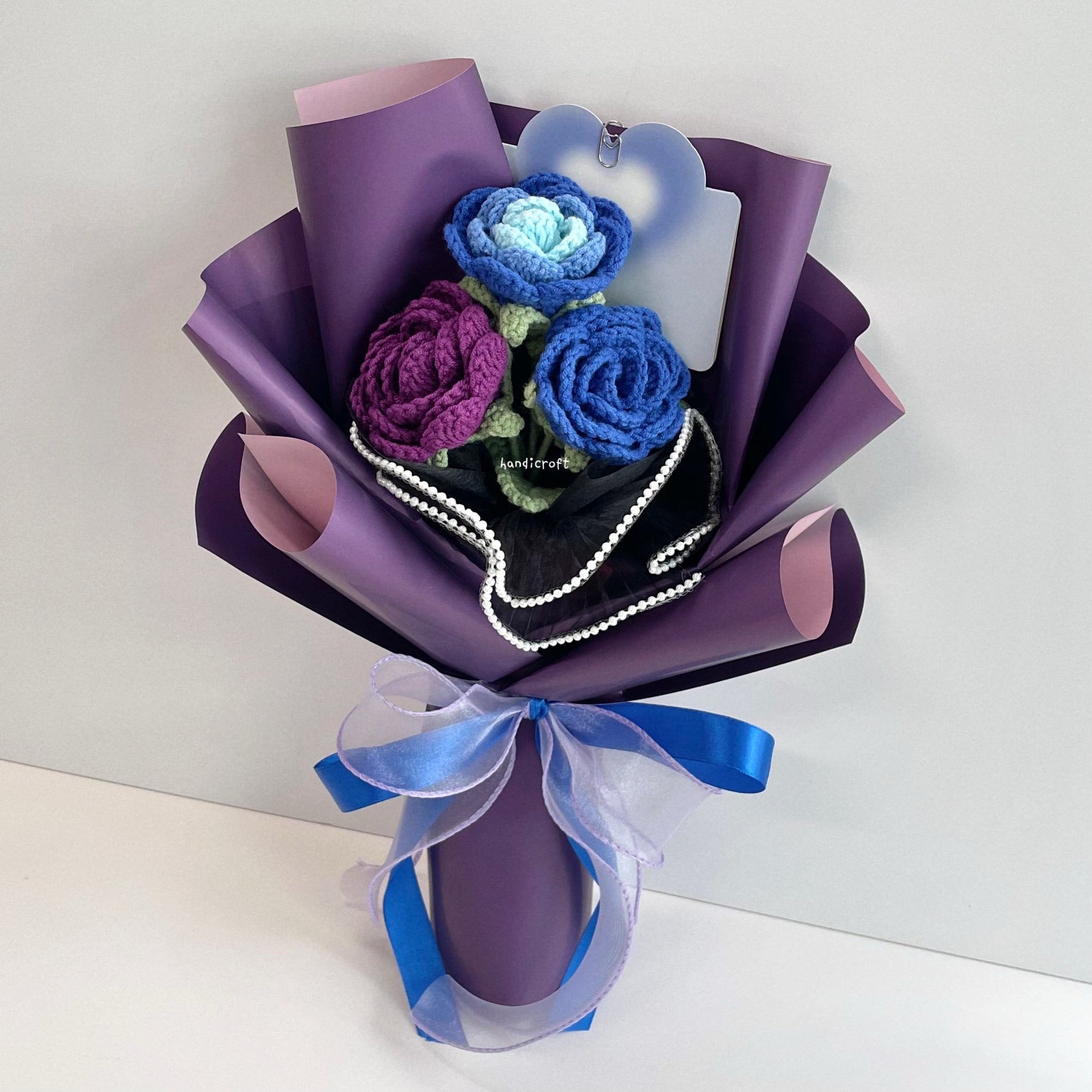 handicroft handmade crochet affordable dark purple & blue roses flower bouquet violet blueberry