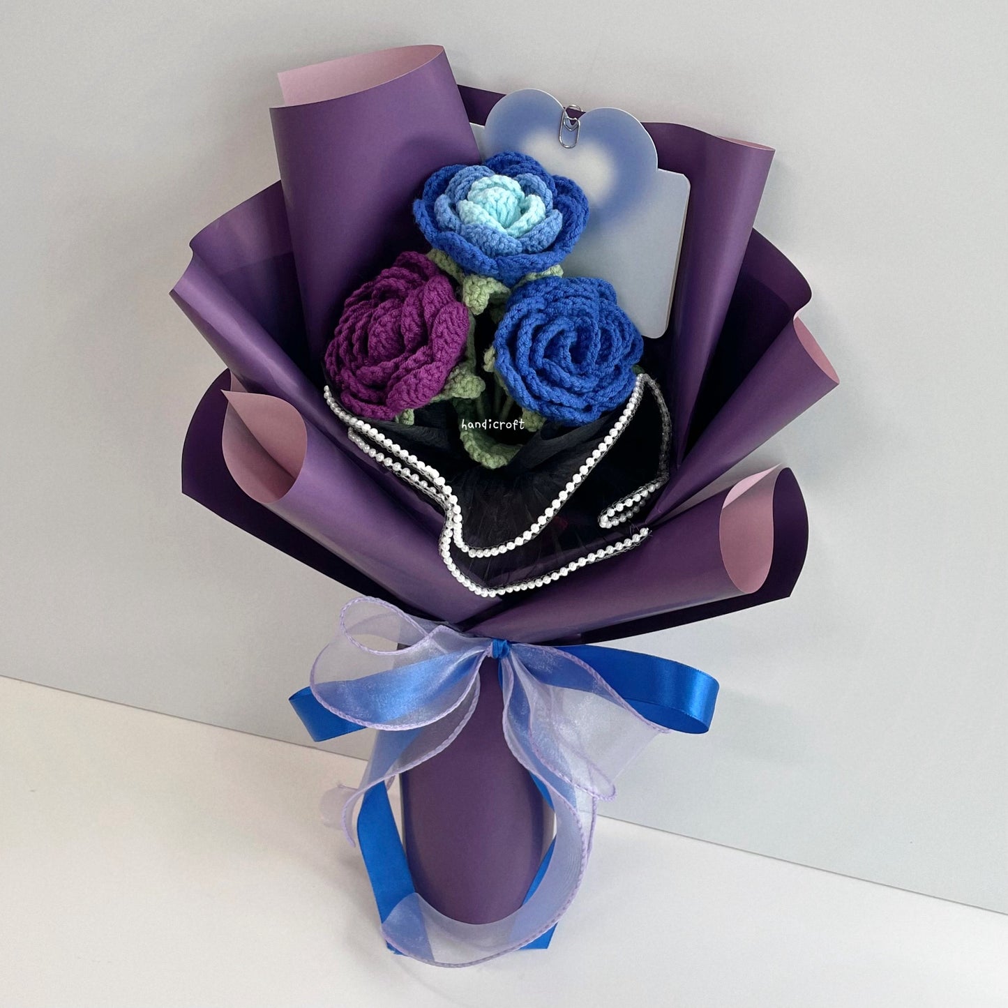 handicroft handmade crochet affordable dark purple & blue roses flower bouquet violet blueberry