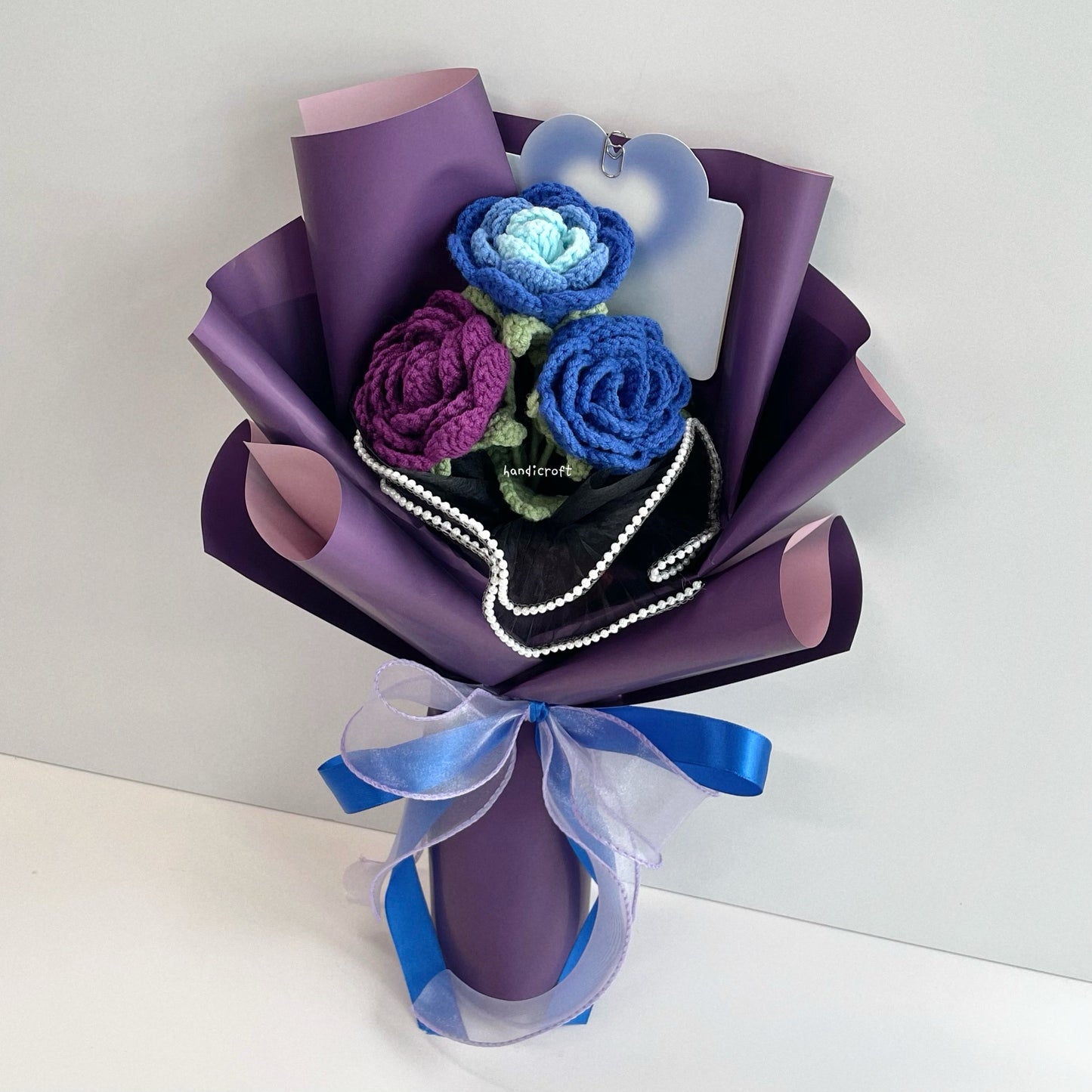 handicroft handmade crochet affordable dark purple & blue roses flower bouquet violet blueberry