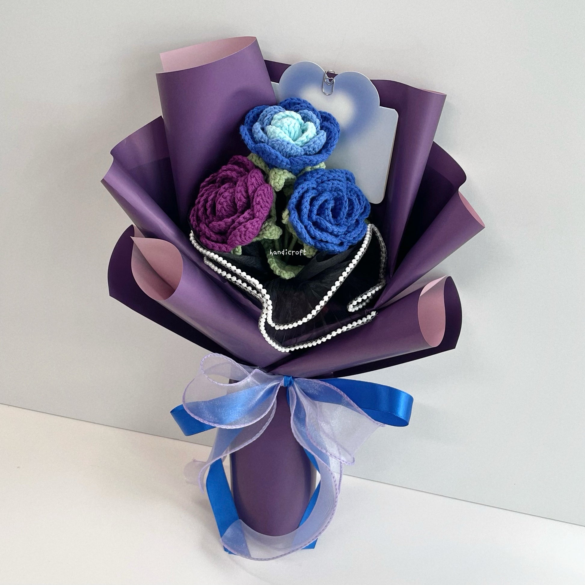 handicroft handmade crochet affordable dark purple & blue roses flower bouquet violet blueberry