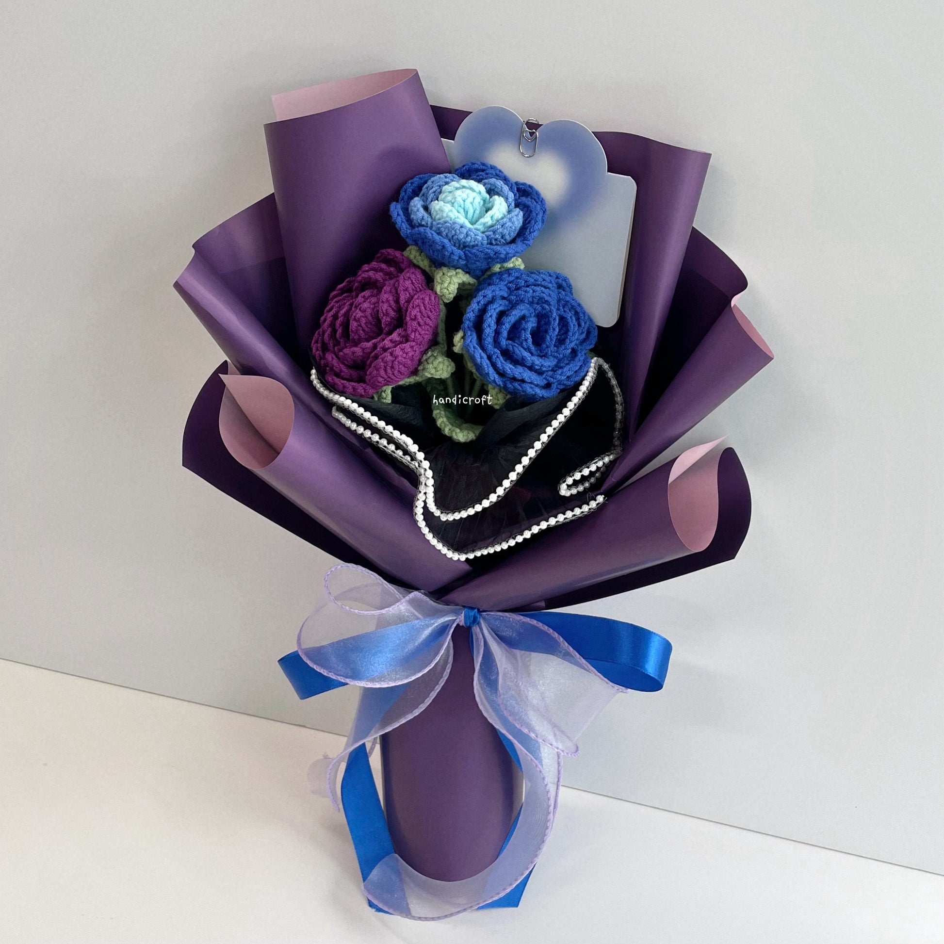 handicroft handmade crochet affordable dark purple & blue roses flower bouquet violet blueberry