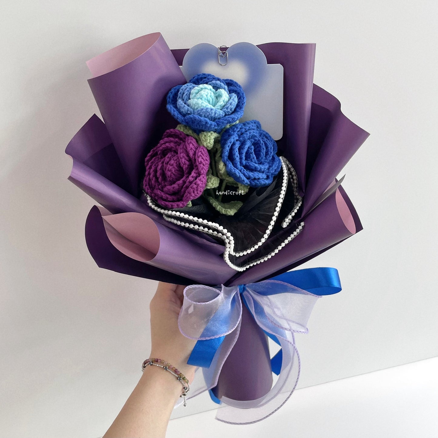 handicroft handmade crochet affordable dark purple & blue roses flower bouquet violet blueberry