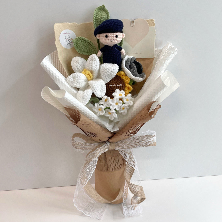 handicroft handmade crochet army soldier SCDF SPF flower bouquet POP ORD field duty: protector