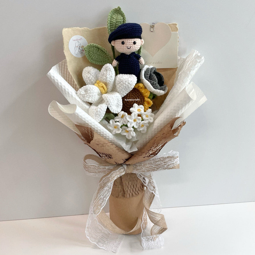 handicroft handmade crochet army soldier SCDF SPF flower bouquet POP ORD field duty: protector