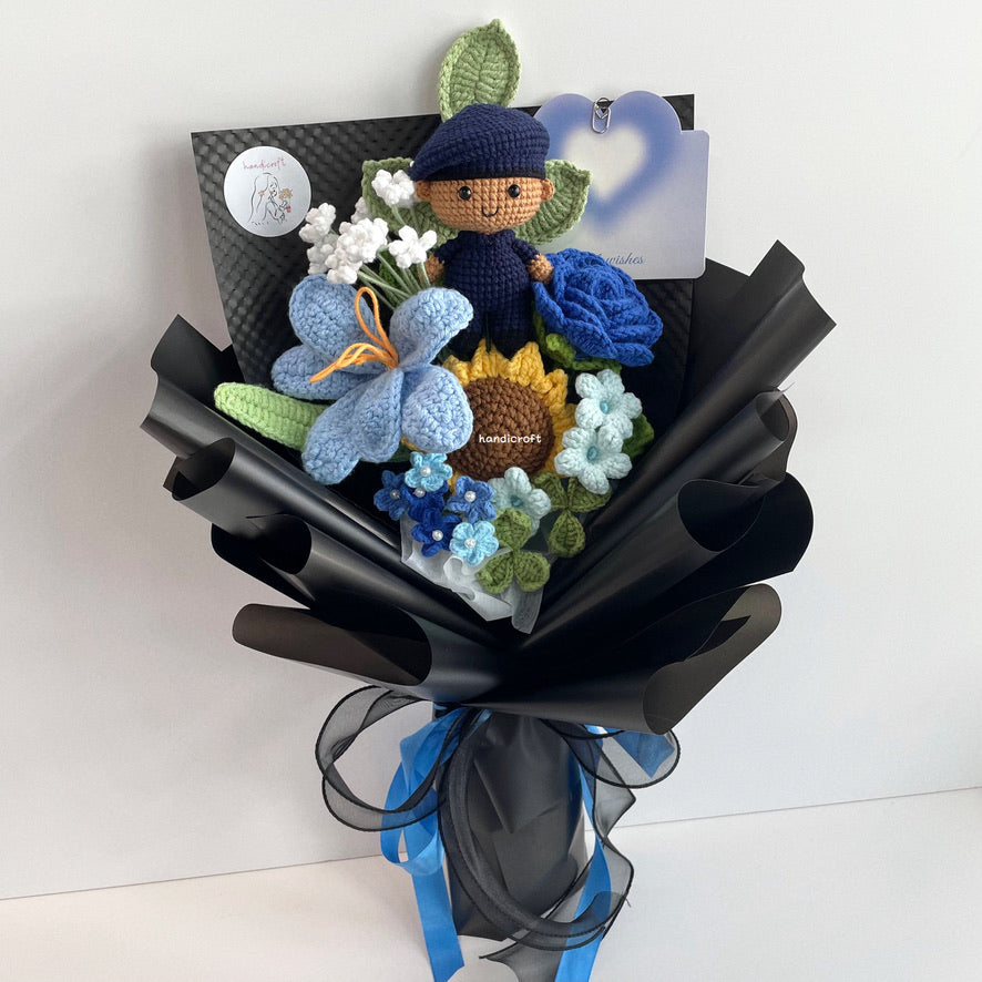 handicroft handmade crochet army soldier SCDF SPF flower bouquet POP ORD in service always black edition skin shade #2 blue