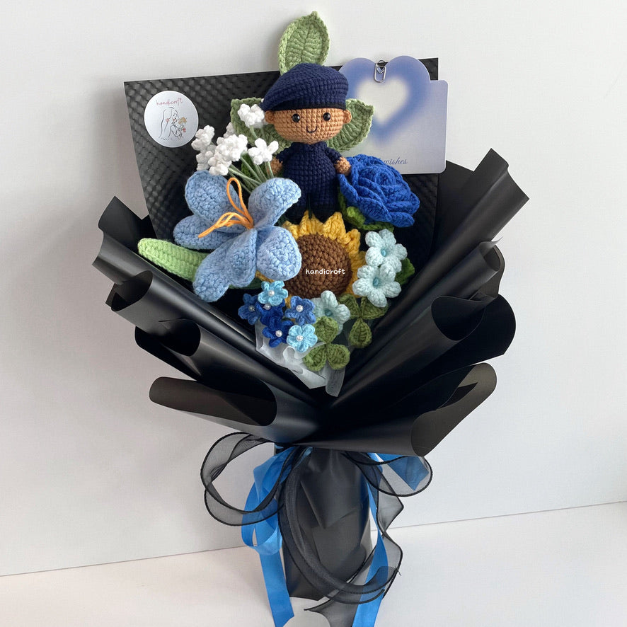 handicroft handmade crochet army soldier SCDF SPF flower bouquet POP ORD in service always black edition skin shade #2 blue