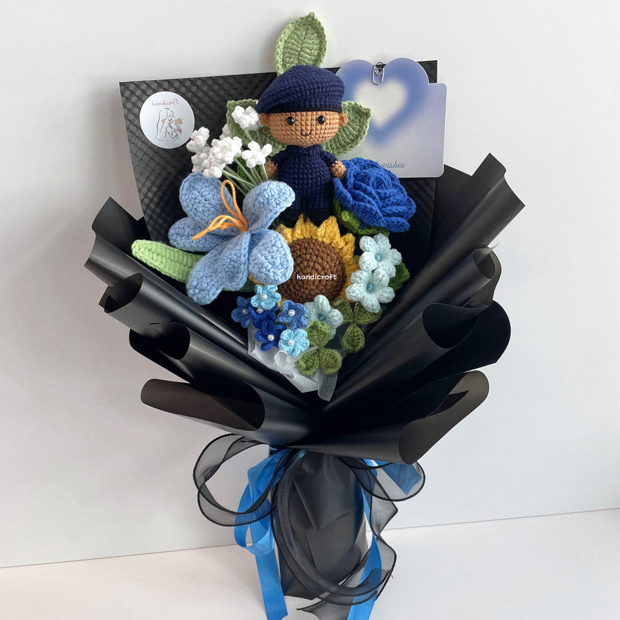 handicroft handmade crochet army soldier SCDF SPF flower bouquet POP ORD in service always black edition skin shade #2 blue