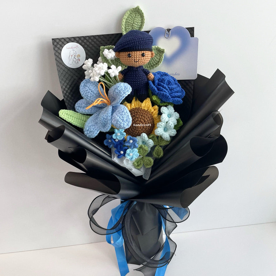 handicroft handmade crochet army soldier SCDF SPF flower bouquet POP ORD in service always black edition skin shade #2 blue