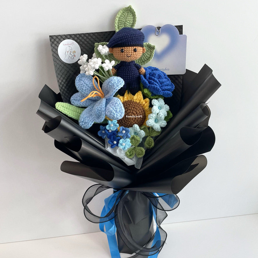 handicroft handmade crochet army soldier SCDF SPF flower bouquet POP ORD in service always black edition skin shade #2 blue