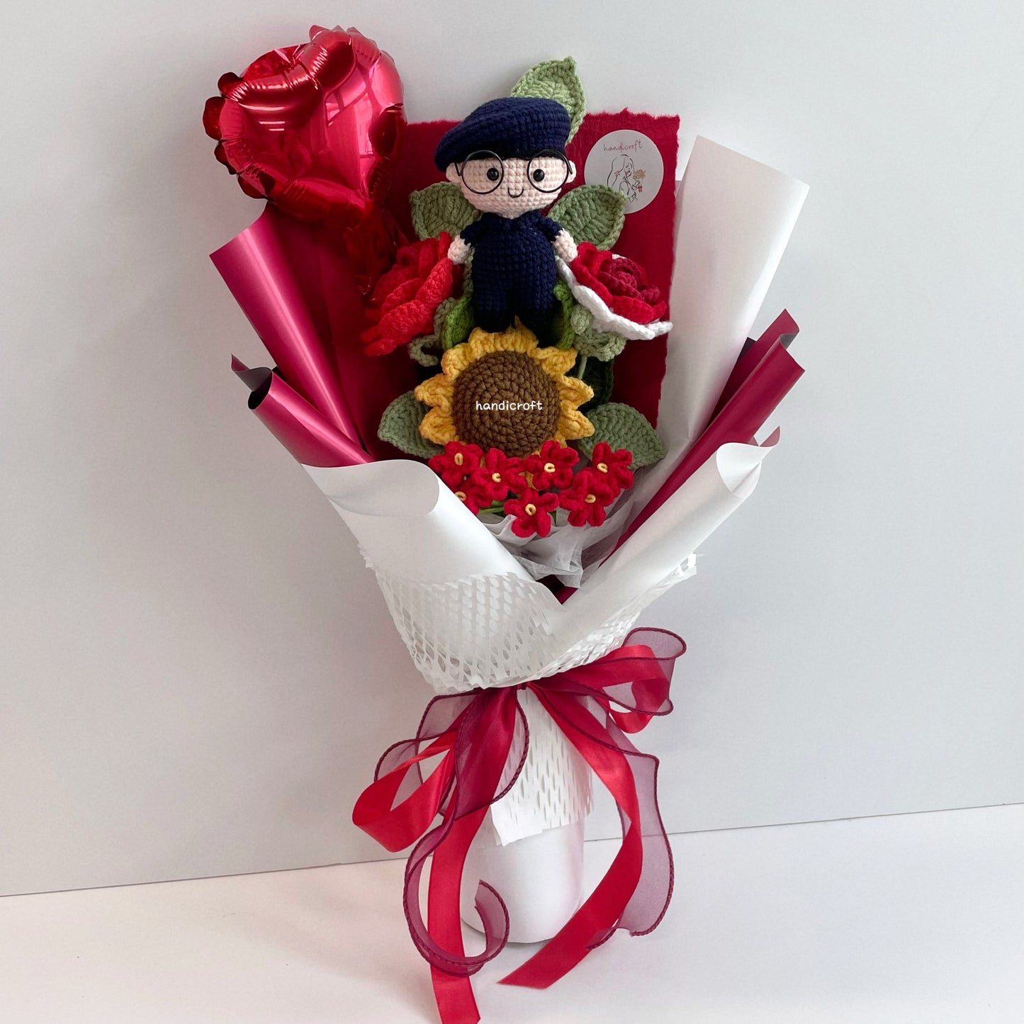 handicroft handmade crochet army soldier SCDF SPF series flower bouquet POP ORD courage in bloom SG edition red & white