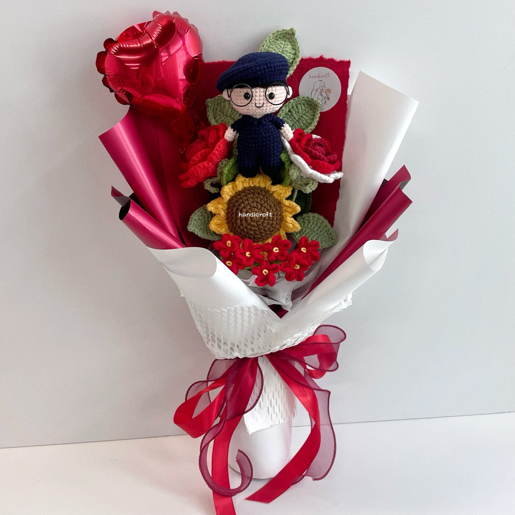 handicroft handmade crochet army soldier SCDF SPF series flower bouquet POP ORD courage in bloom SG edition red & white