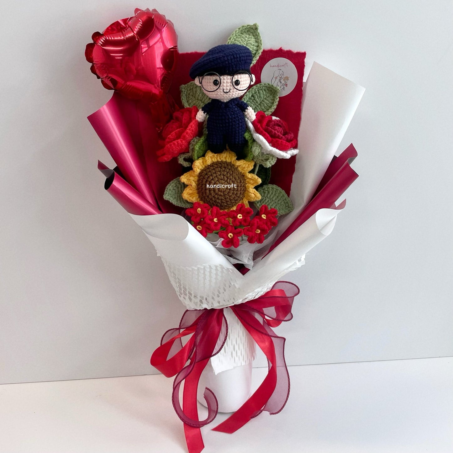 handicroft handmade crochet army soldier SCDF SPF series flower bouquet POP ORD courage in bloom SG edition red & white