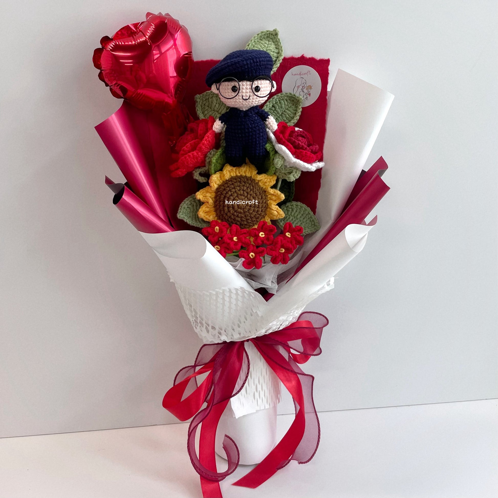handicroft handmade crochet army soldier SCDF SPF series flower bouquet POP ORD courage in bloom SG edition red & white
