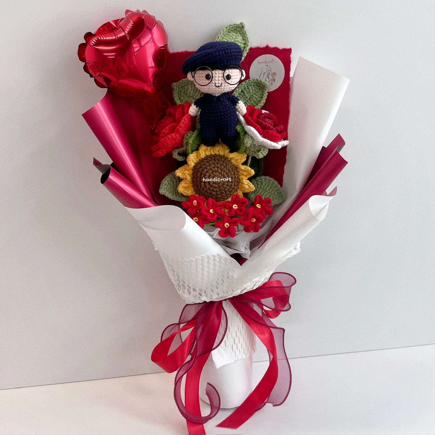 handicroft handmade crochet army soldier SCDF SPF series flower bouquet POP ORD courage in bloom SG edition red & white
