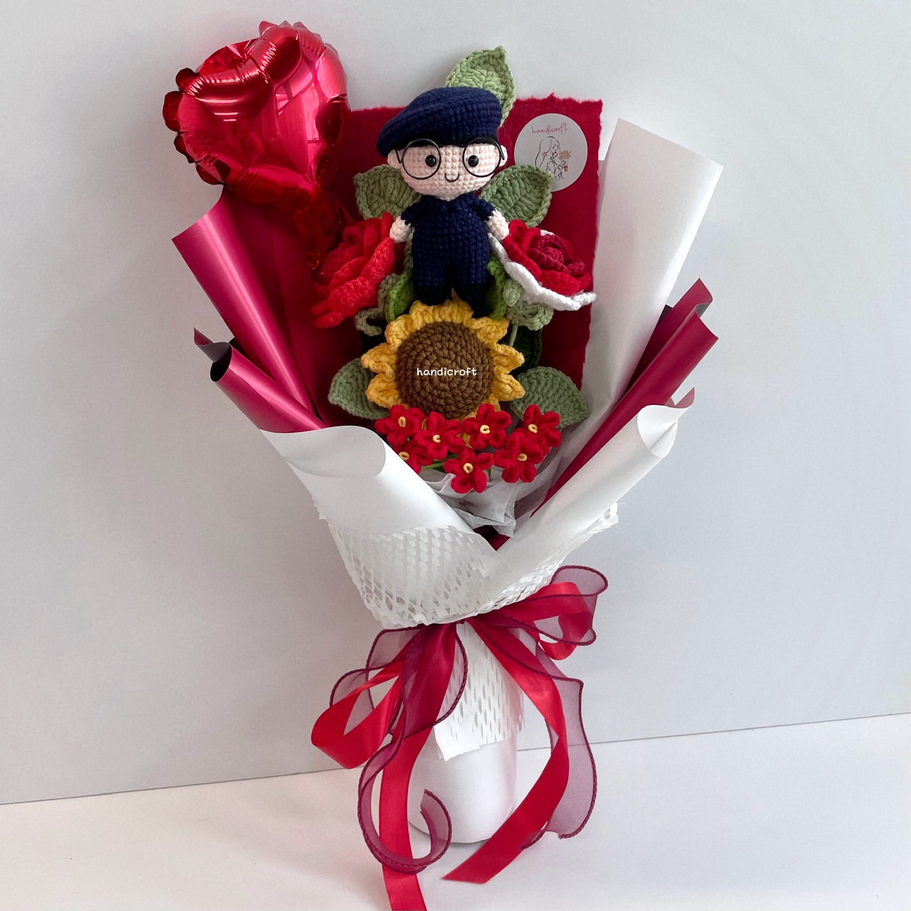 handicroft handmade crochet army soldier SCDF SPF series flower bouquet POP ORD courage in bloom SG edition red & white