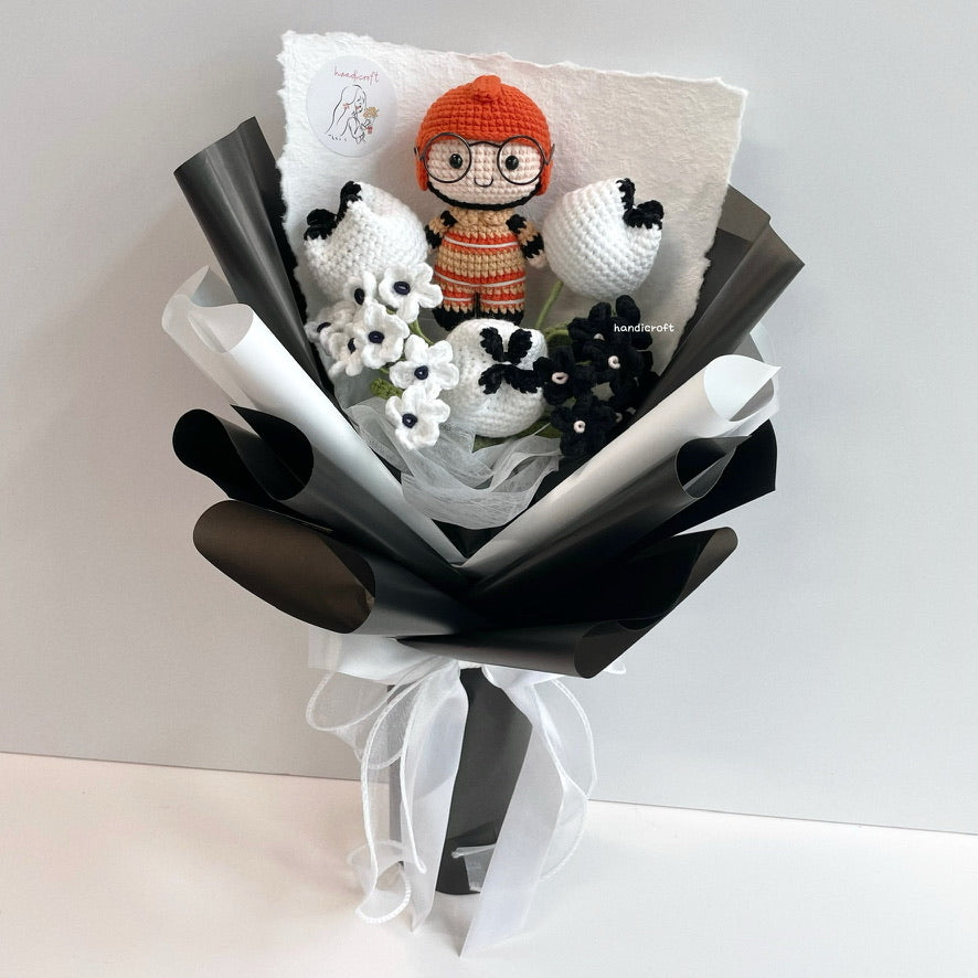 handicroft handmade crochet army soldier monochrome flower bouquet SCDF firefighter suit soldiering through time: responder