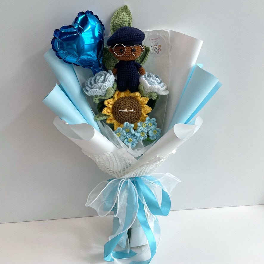 handicroft handmade crochet army soldier series SCDF SPF flower bouquet POP ORD courage in bloom pastel edition blue & white skin shade #3