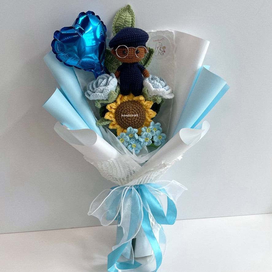 handicroft handmade crochet army soldier series SCDF SPF flower bouquet POP ORD courage in bloom pastel edition blue & white skin shade #3