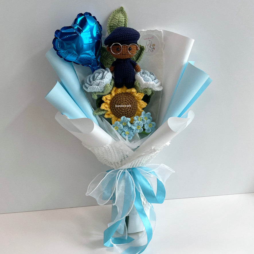 handicroft handmade crochet army soldier series SCDF SPF flower bouquet POP ORD courage in bloom pastel edition blue & white skin shade #3