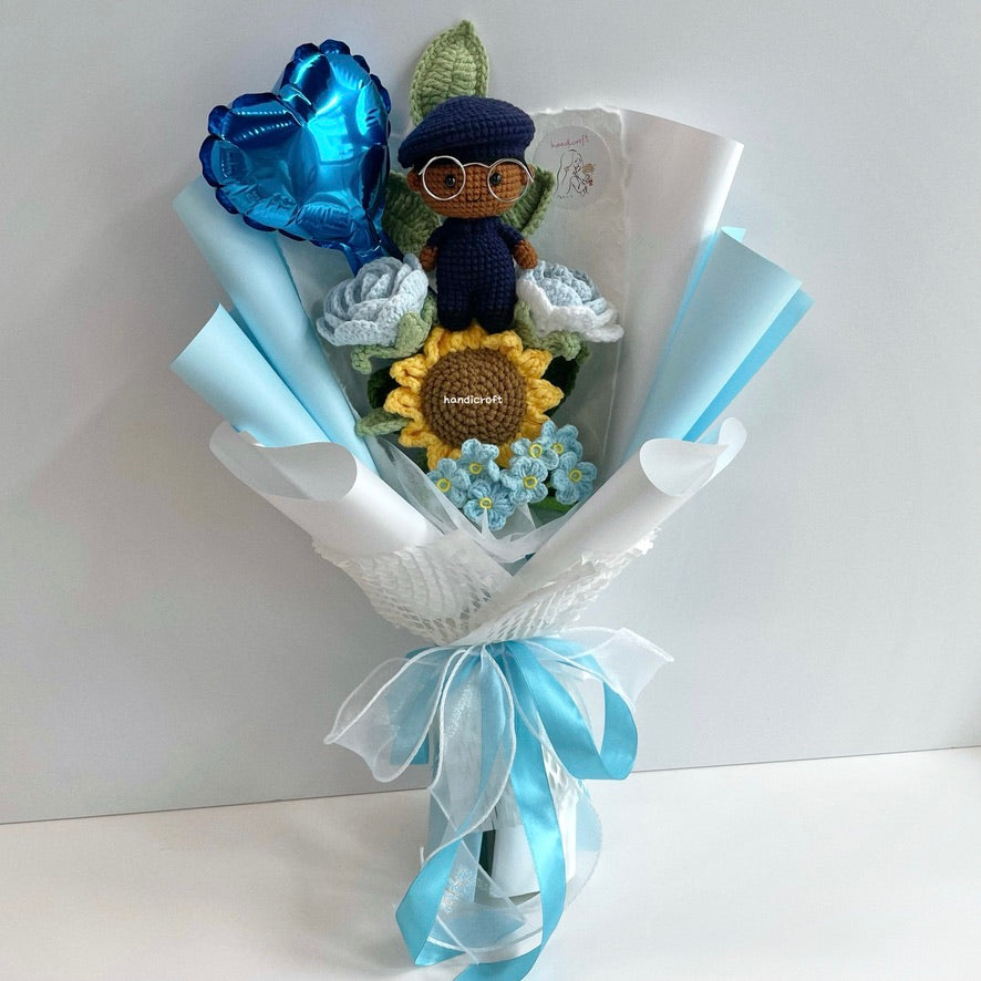 handicroft handmade crochet army soldier series SCDF SPF flower bouquet POP ORD courage in bloom pastel edition blue & white skin shade #3