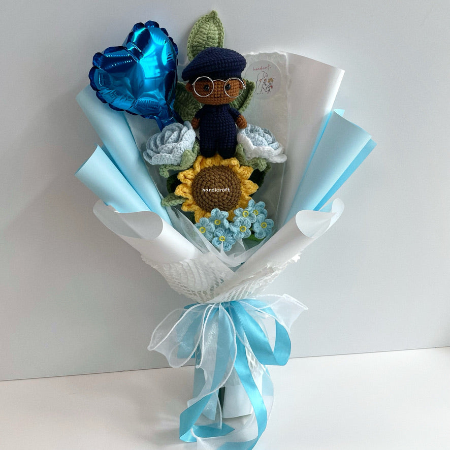 handicroft handmade crochet army soldier series SCDF SPF flower bouquet POP ORD courage in bloom pastel edition blue & white skin shade #3