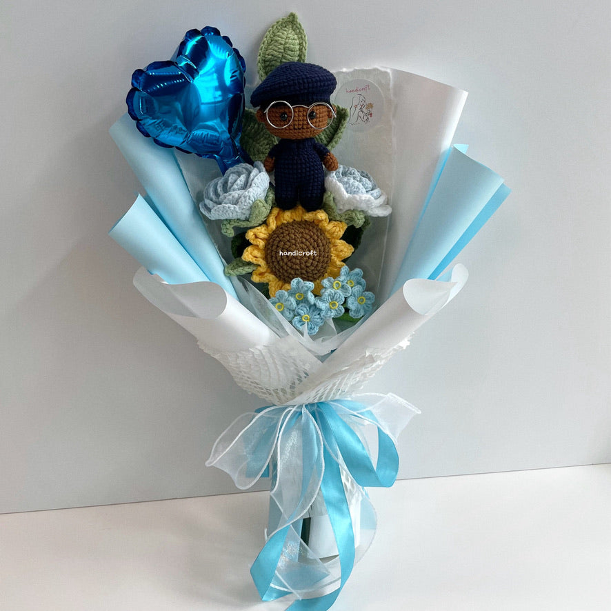 handicroft handmade crochet army soldier series SCDF SPF flower bouquet POP ORD courage in bloom pastel edition blue & white skin shade #3