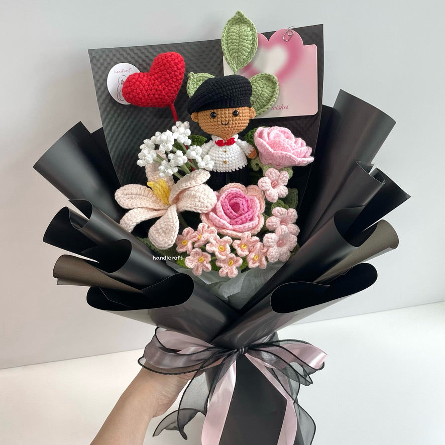 handicroft handmade crochet army soldier series flower bouquet ORD mission: blush black beret skin shade #2