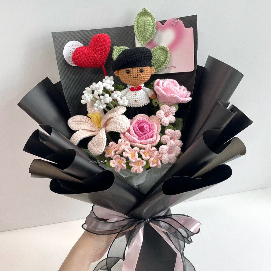 handicroft handmade crochet army soldier series flower bouquet ORD mission: blush black beret skin shade #2