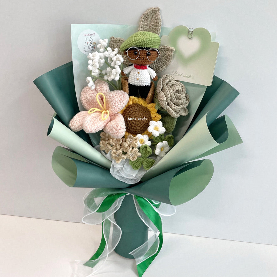 handicroft handmade crochet army soldier series flower bouquet ORD through it all skin shade #3 milk tea flowers green wrapping