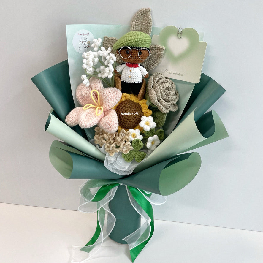 handicroft handmade crochet army soldier series flower bouquet ORD through it all skin shade #3 milk tea flowers green wrapping