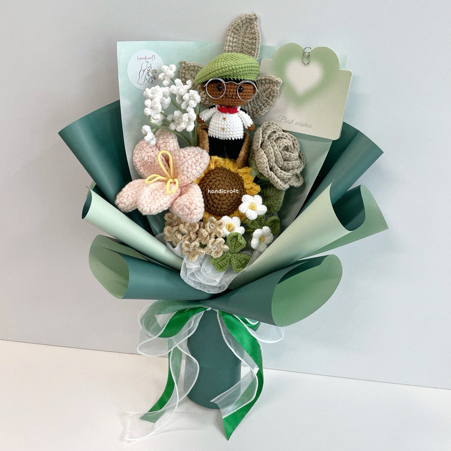 handicroft handmade crochet army soldier series flower bouquet ORD through it all skin shade #3 milk tea flowers green wrapping