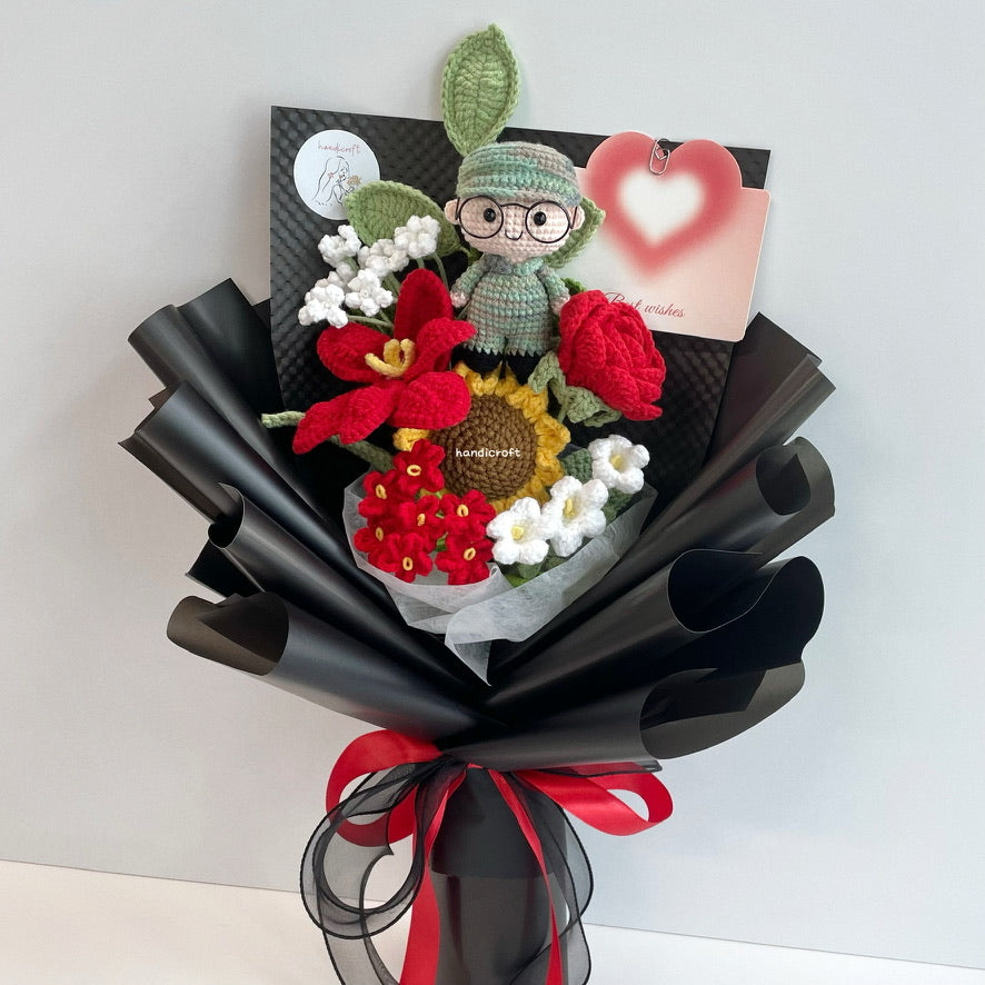 handicroft handmade crochet army soldier series flower bouquet POP blooming in duty black edition red
