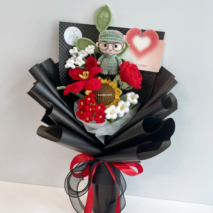handicroft handmade crochet army soldier series flower bouquet POP blooming in duty black edition red